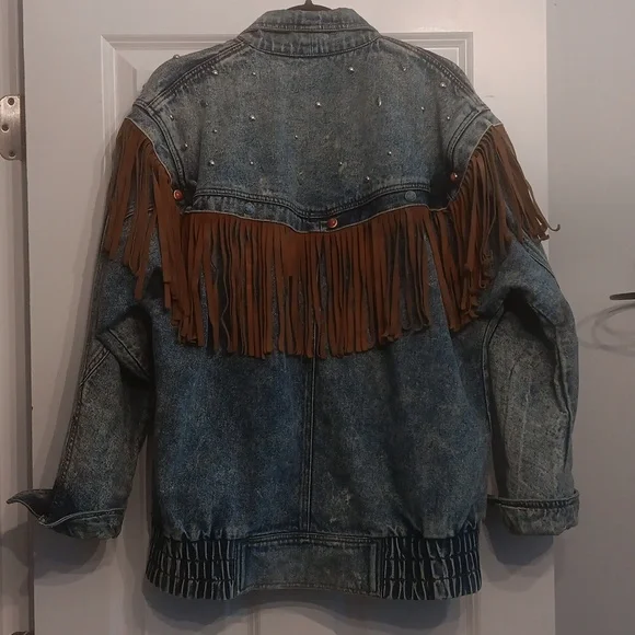 SB ll by Bitterman leather fringe Denim Jacket Vintage BOHO small - Picture 9 of 15